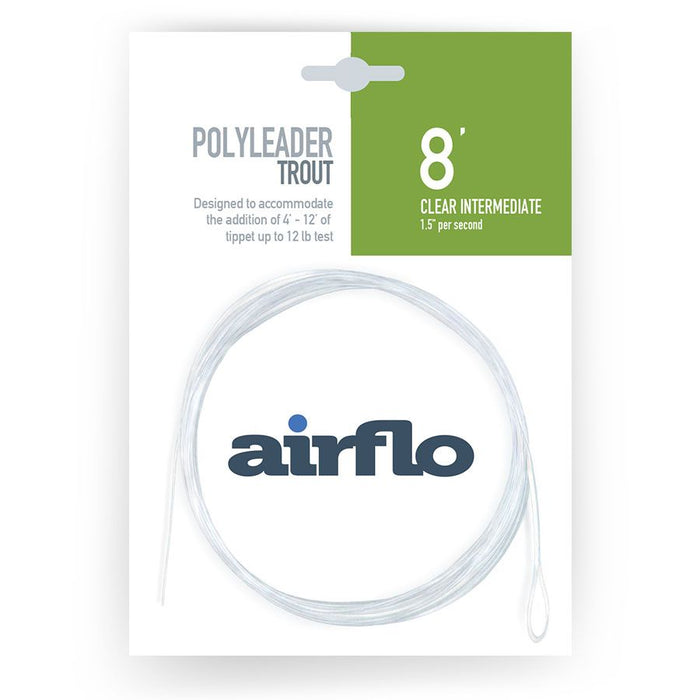 Clear intermediate 8-foot fishing line labeled Airflo Polyleaders Trout, designed for trout fishing with tippet compatibility, displayed on retail packaging.