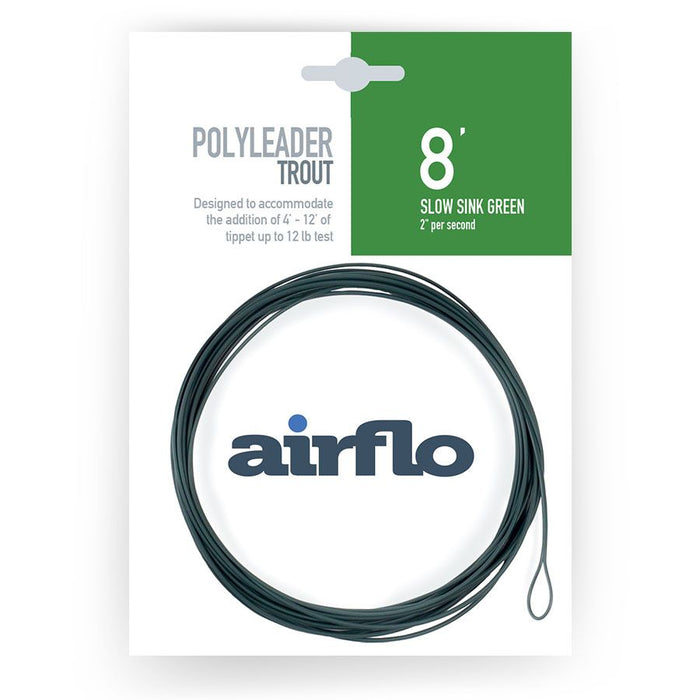 Airflo Polyleaders Trout 8-foot slow sink green fishing line designed for trout fishing, shown coiled on branded packaging ideal for fishing tackle enthusiasts.