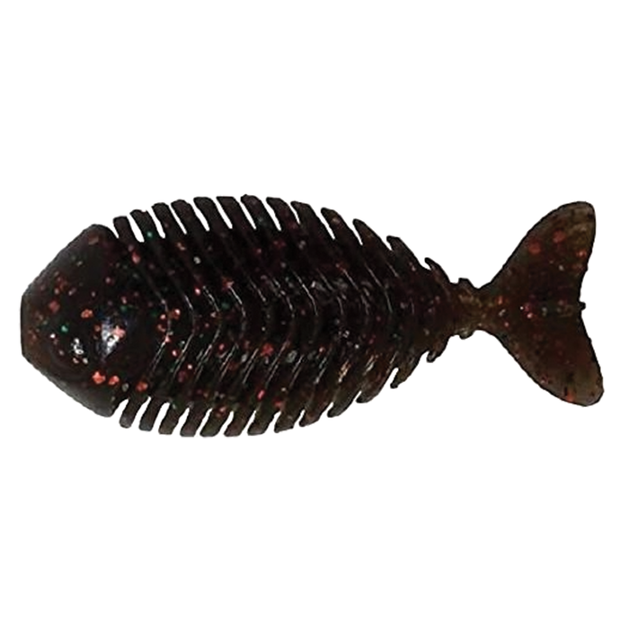 Alfheid Jagged Gill fishing lure in dark color with red flecks, featuring a ribbed body and fish tail design for lifelike movement in water.