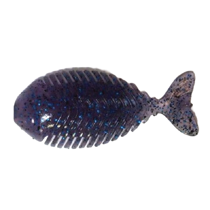 Alfheid Jagged Gill fishing lure shaped like a small segmented fish with a dark body featuring blue and black speckles, designed for effective fishing tackle use.