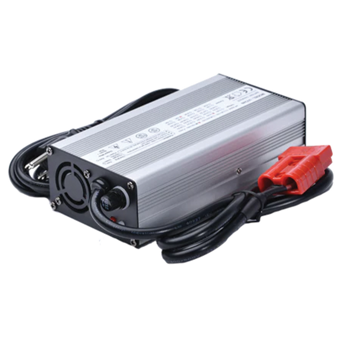 Amped Outdoors 20A Battery Charger with a durable silver metal casing, cooling fan, labeled top panel, black power cords, and red battery clip connectors designed for efficient charging.