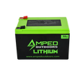 Amped Outdoors (LiFePO4) Bluetooth Lithium Batteries - Battery w/Charger in black and green casing with terminals on top, designed for durable outdoor power and marine electronics use.