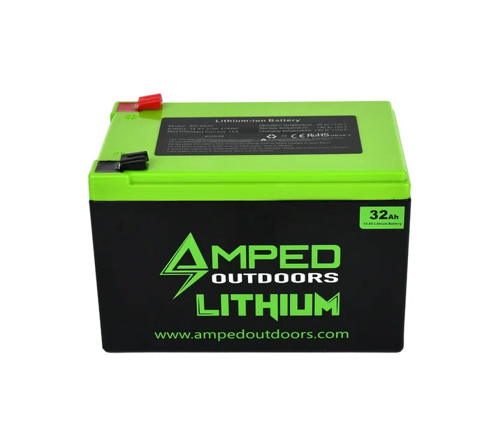 Amped Outdoors (LiFePO4) Bluetooth Lithium Batteries - Battery w/Charger in black and green casing with terminals on top, designed for durable outdoor power and marine electronics use.