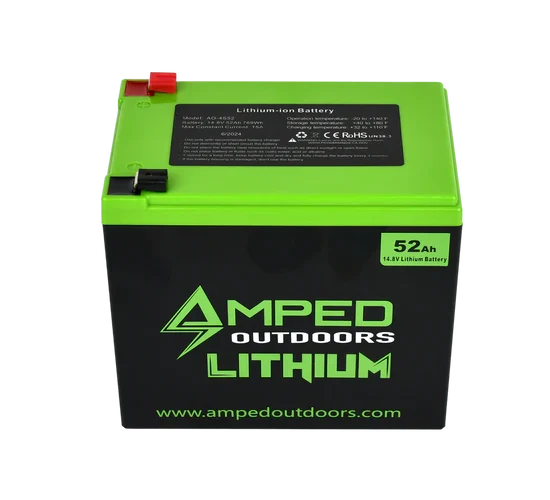 Amped Outdoors (LiFePO4) Bluetooth Lithium Batteries - Battery w/Charger with green top and black body featuring 52Ah 14.8V lithium battery capacity for outdoor and fishing electronics use.