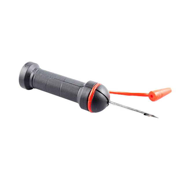 Angler's Choice Fish Venting Tool with black textured handle and sharp stainless steel needle, featuring a red tethered protective cap for safe storage and use.