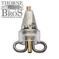 Close-up view of the Angling Revolution "The One" Clevis Assembly, a clear plastic and metal fishing tackle component with dual swivel loops, displayed with Thorne Bros logo.