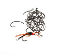 A cluster of black metal fishing hooks with one hook featuring an attached orange and black Aqua Flies AquaTalon Nymph Hook fly lure against a white background.