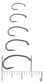 A set of five Aqua Flies AquaTalon Nymph Hooks in various sizes displayed vertically next to a ruler for scale, showcasing detailed fishing tackle hooks for precision fly fishing.
