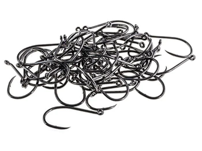 A pile of shiny, dark metal Aqua Flies Talon Swing Hooks with sharp points and small eyes designed for securely attaching fishing lures.