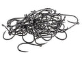 A pile of shiny, dark metal Aqua Flies Talon Swing Hooks with sharp points and small eyes designed for securely attaching fishing lures.