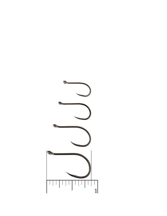 A set of four Aqua Flies Talon Swing Hooks in varying sizes displayed vertically next to a ruler showing measurements for precise fishing tackle selection.