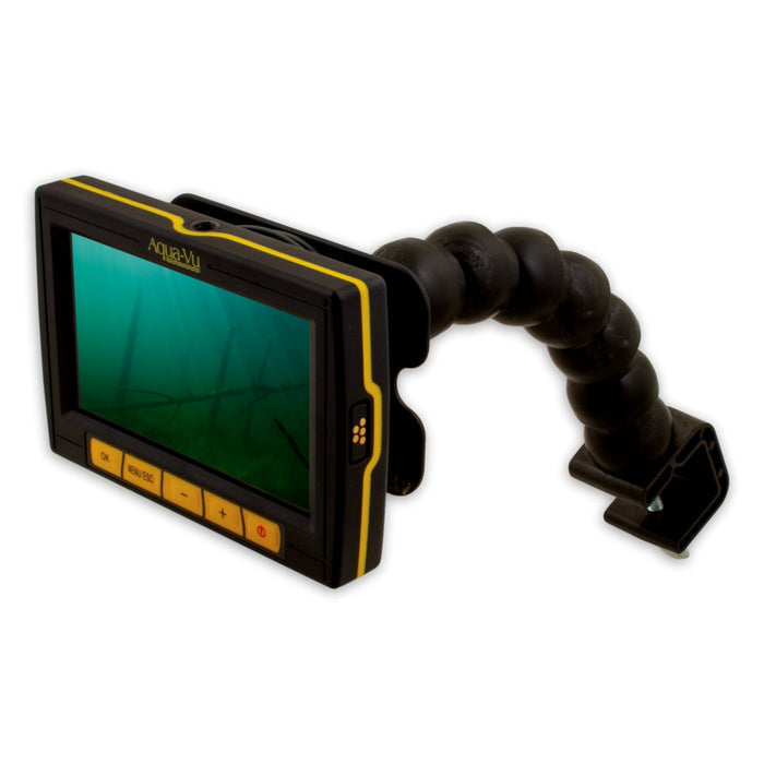 Aqua-Vu Pro-Snake Micro Camera Portable C-Mount with adjustable black flexible arm and high-resolution screen displaying underwater fishing view, designed for fishing tackle and marine electronics use.