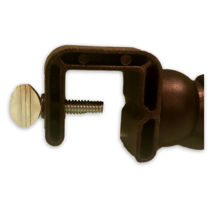 Close-up of the mounting clamp designed for the Aqua-Vu Pro-Snake Micro Camera Portable C-Mount, featuring a screw mechanism for secure attachment to fishing rods or surfaces.