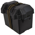 Attwood 9065-1 Battery Box - Standard, 24 Series, Vented in black plastic with a secure lid and a yellow-striped strap for safe battery storage and transport.