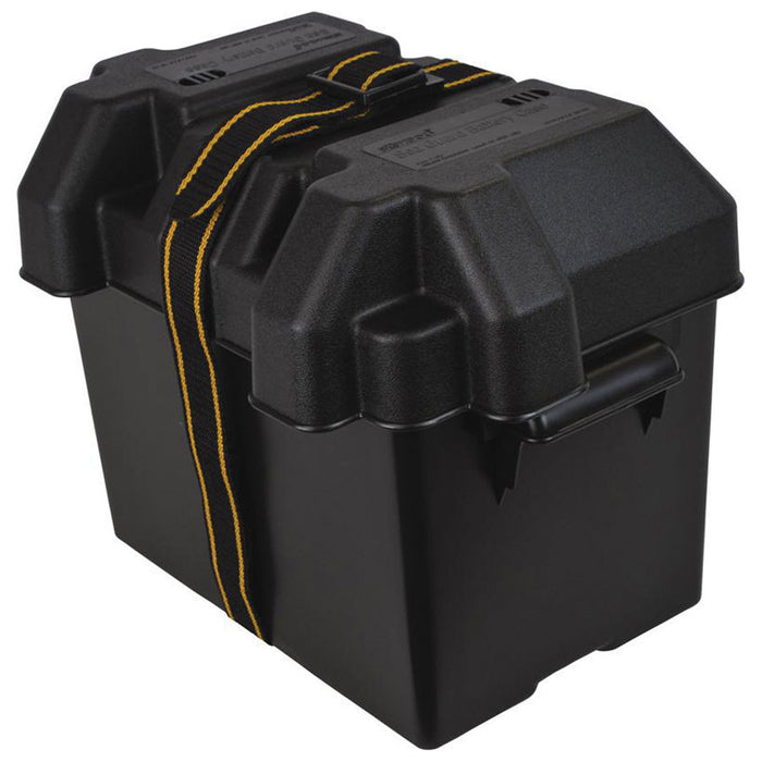 Attwood 9065-1 Battery Box - Standard, 24 Series, Vented in black plastic with a secure lid and a yellow-striped strap for safe battery storage and transport.