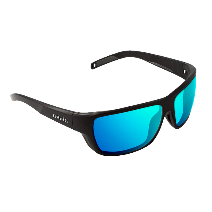 Bajio - Rigolets polarized sunglasses with sleek black frame and vibrant blue mirrored lenses designed for outdoor fishing and water activities.