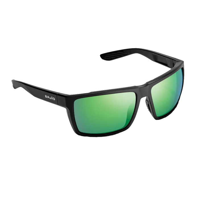 Bajio - Stiltsville sunglasses with black frame and green mirrored lenses designed for outdoor fishing activities, offering eye protection and glare reduction.