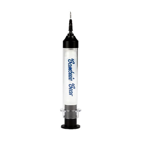 Bambuie Bear Scent Injector, a clear cylindrical plastic syringe with black top and bottom, featuring a fine metal needle tip for precise application of fishing tackle scents.