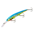 Bandit Walleye Deep fishing lure with a blue and green body, black spots, three treble hooks, and a clear plastic diving lip for deep water fishing.