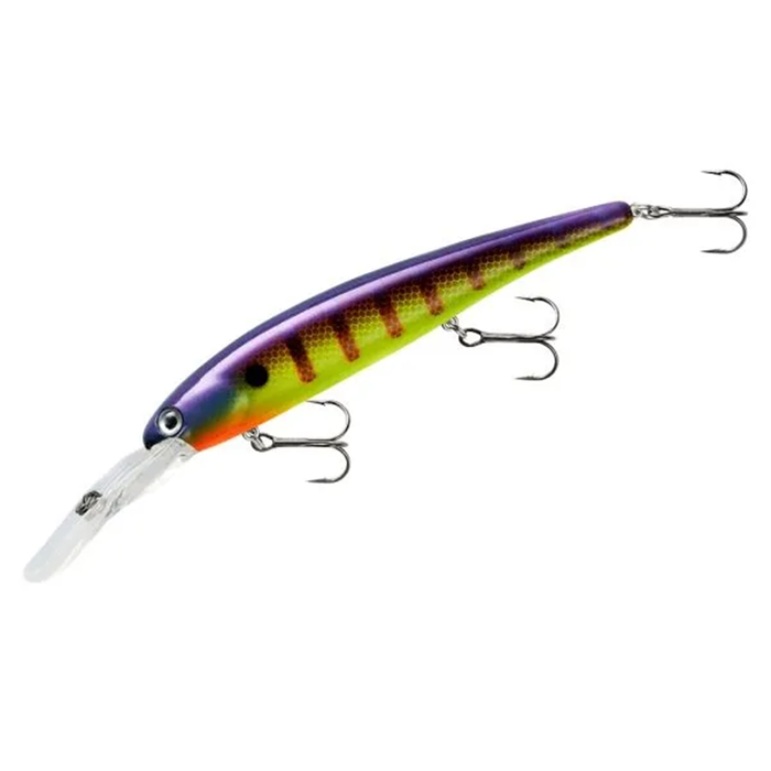Bandit Walleye Deep fishing lure in vibrant purple, yellow, and orange with realistic eye detailing and three sharp treble hooks for effective fishing tackle use.