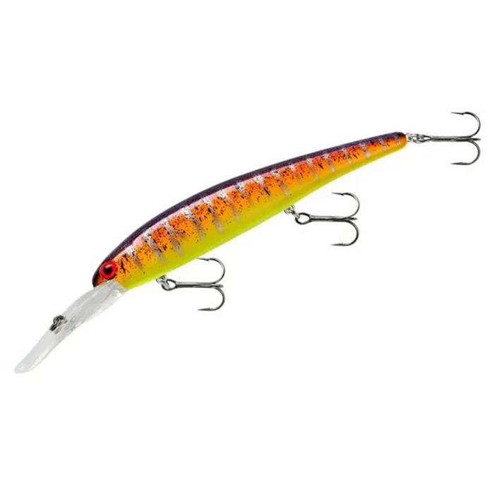 Bandit Walleye Deep fishing lure with a vibrant yellow and orange body, red eyes, and three sharp treble hooks designed for effective fishing tackle use.