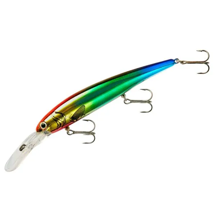 Bandit Walleye Deep fishing lure with a vibrant rainbow color pattern, featuring three treble hooks and a clear diving lip designed for deep water fishing.