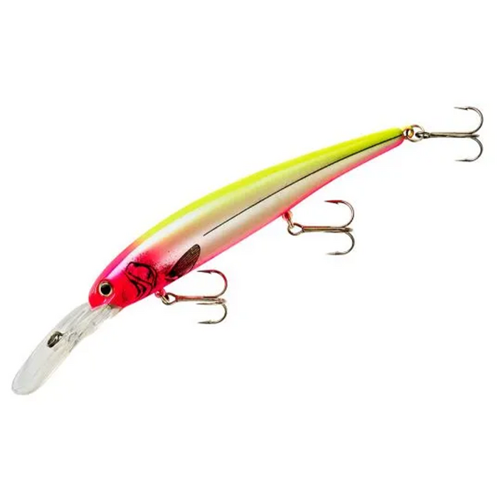 Bandit Walleye Deep fishing lure with a long, slender body in bright yellow, red, and white colors, featuring three treble hooks and a clear diving lip for deep water fishing.