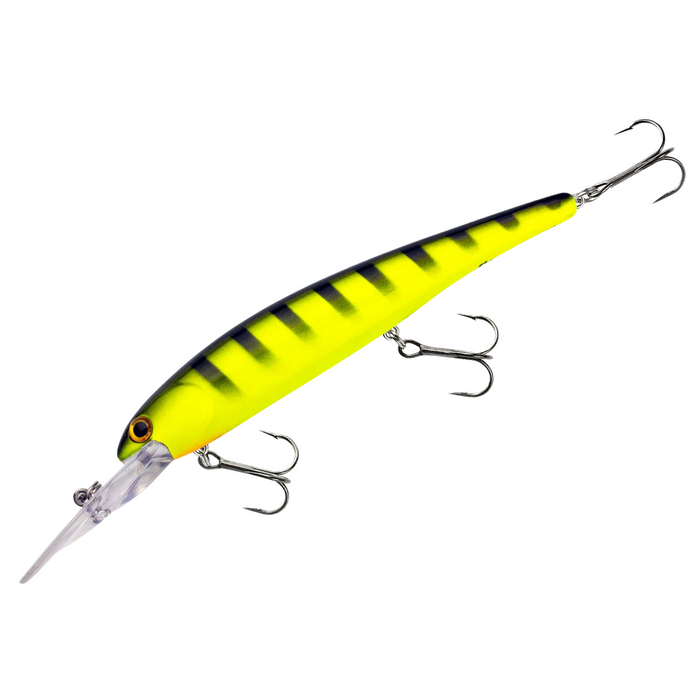 Yellow and black striped fishing lure with a clear plastic lip and three sharp treble hooks, designed for deep water fishing, called Bandit Walleye Deep.