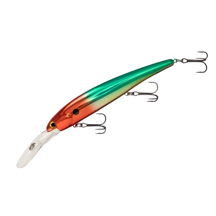 Bandit Walleye Deep fishing lure with a green and orange gradient body, equipped with three treble hooks and a clear plastic diving lip for deep water fishing.