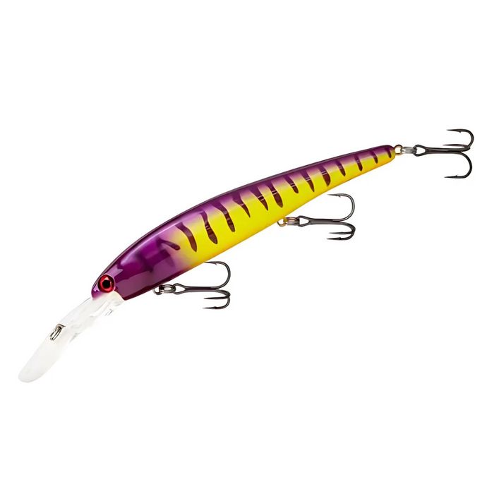 Bandit Walleye Deep fishing lure in purple and yellow with black stripes, featuring a clear diving lip and three treble hooks for walleye fishing tackle.