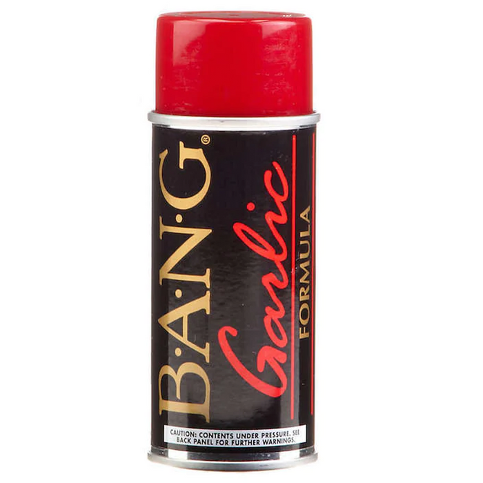 Bang Fish Attractant 5oz. Aerosol can with a red cap and black label, featuring gold and red text, designed for enhancing fishing tackle and lure effectiveness.
