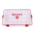 Clear plastic fishing tackle box with red clasps and Bass Mafia logo on the lid, designed for organized storage, featuring multiple compartments, Bass Mafia Casket 2.0 Size 3600