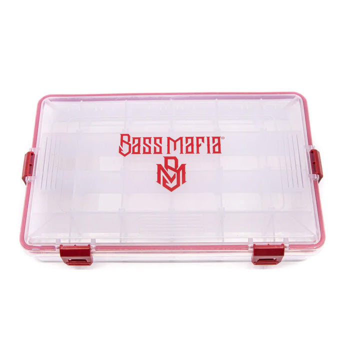 Clear plastic fishing tackle box with red clasps and Bass Mafia logo on the lid, designed for organized storage, featuring multiple compartments, Bass Mafia Casket 2.0 Size 3600