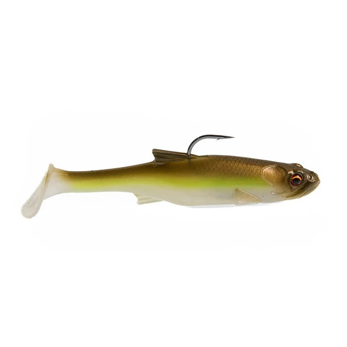 Bass Mafia Loaded Daingerous Swimbait - Deep Runner in lifelike green and brown colors with a realistic fish shape, detailed eyes, and a sharp hook for fishing tackle use.