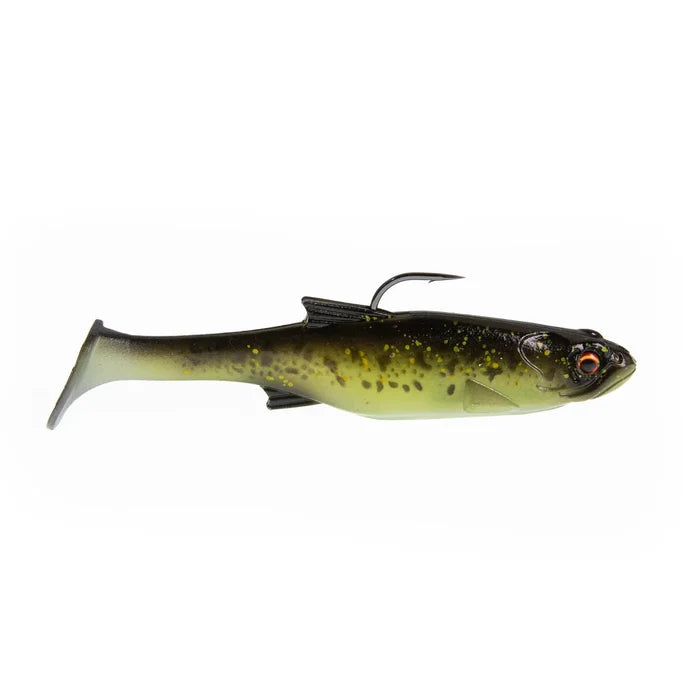 Bass Mafia Loaded Daingerous Swimbait - Deep Runner fishing lure in green and black with detailed fish-like body, paddle tail, and single hook for effective fishing tackle.