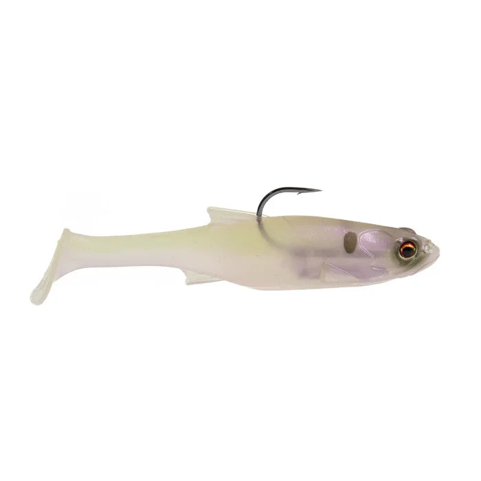 Bass Mafia Loaded Daingerous Swimbait - Deep Runner in a translucent pale violet albino color, featuring a detailed fish shape with a single sharp hook for effective fishing tackle use.