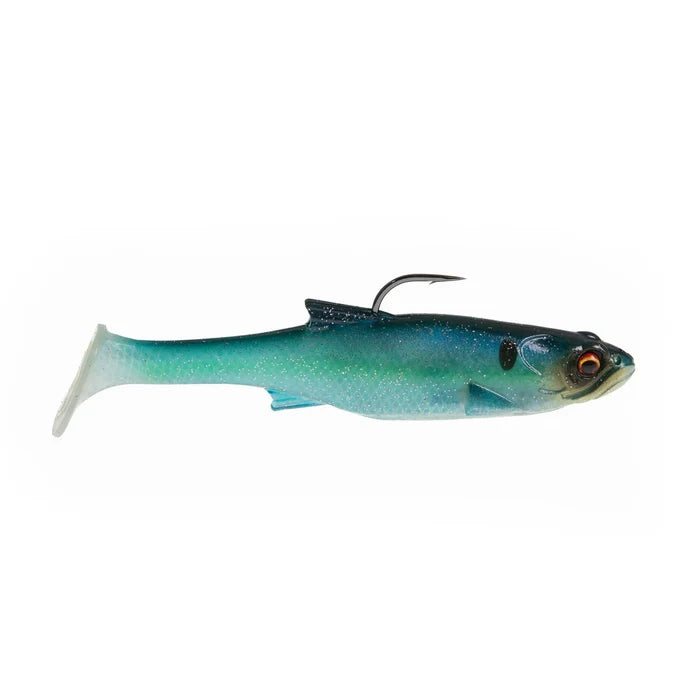 Bass Mafia Loaded Daingerous Swimbait - Deep Runner in blue-green color with a detailed fish body design and an exposed hook for fishing tackle use.