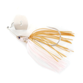 Bass Puzzle Grass Piece fishing lure with a silver head, beige and light pink skirt strands, and a curved sharp hook designed for bass fishing tackle.
