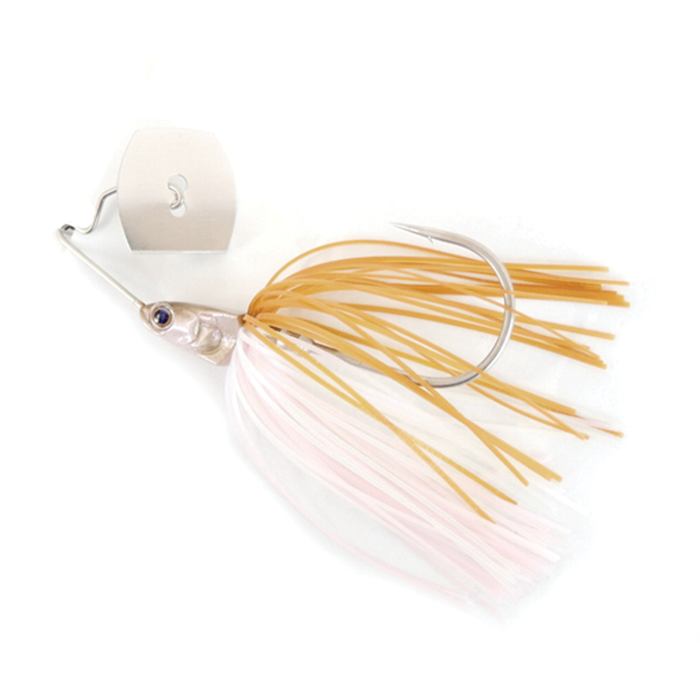 Bass Puzzle Grass Piece fishing lure with a silver head, beige and light pink skirt strands, and a curved sharp hook designed for bass fishing tackle.