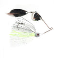 Bassman Spinnerbaits Compact Series Tandem Blades fishing lure with two silver blades and a white skirt featuring black and chartreuse accents, designed for effective freshwater fishing.