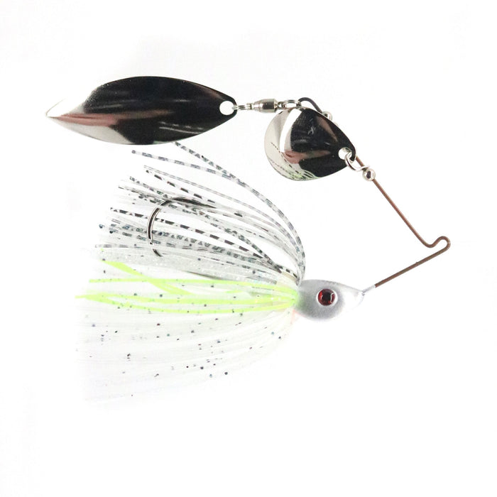 Bassman Spinnerbaits Compact Series Tandem Blades fishing lure with two silver blades and a white skirt featuring black and chartreuse accents, designed for effective freshwater fishing.