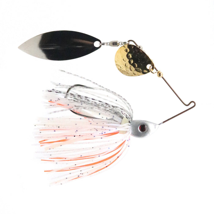 Bassman Spinnerbaits Compact Series Tandem Blades fishing lure with dual metal blades and a skirt featuring white, silver, and orange strands designed for attracting bass.