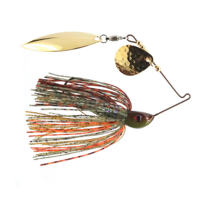Bassman Spinnerbaits Compact Series Tandem Blades fishing lure with two gold-colored blades and a multicolored skirt designed for enhanced underwater flash and movement.