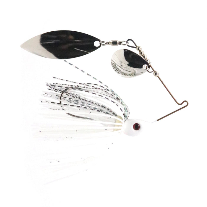 Bassman Spinnerbaits Compact Series Tandem Blades fishing lure with dual reflective blades, white skirt, and detailed eye for attracting fish in freshwater fishing tackle.