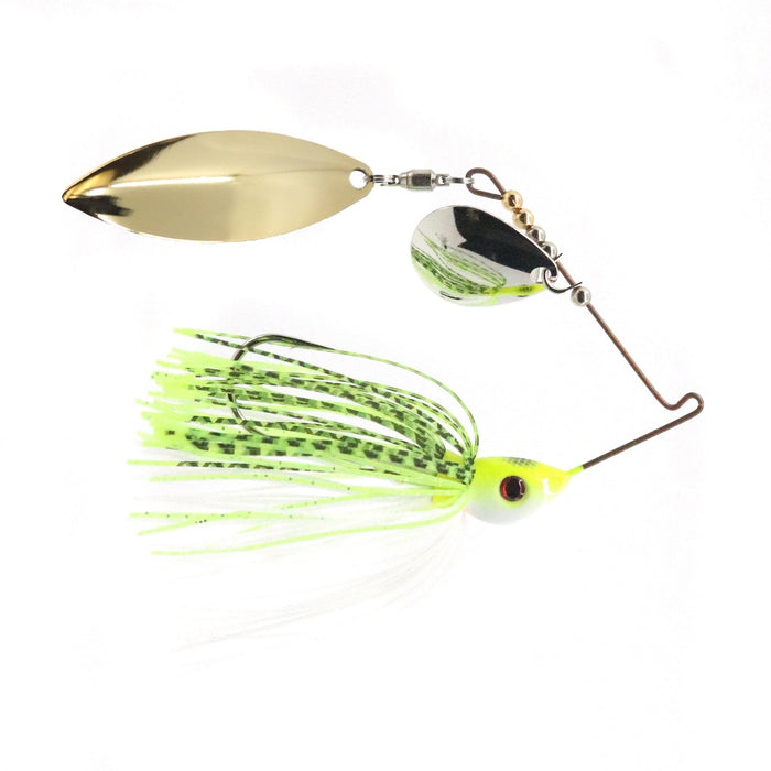 Bassman Spinnerbaits Compact Series Tandem Blades fishing lure with double rotating blades, featuring a green and white skirt, designed for effective freshwater fishing tackle use.