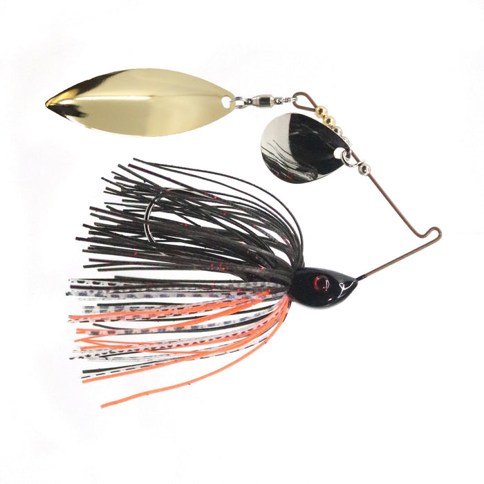 Bassman Spinnerbaits Compact Series Tandem Blades fishing lure with black and orange skirt and two reflective blades designed for freshwater fishing tackle.