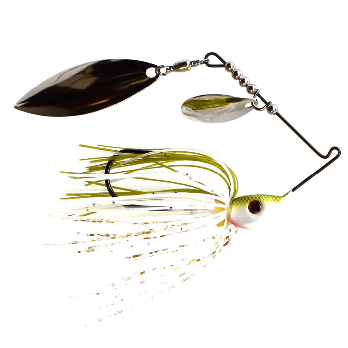 Bassman Spinnerbaits Compact Series Tandem Blades fishing lure with olive shad color, featuring two spinning blades and a detailed skirt designed for freshwater fishing tackle.