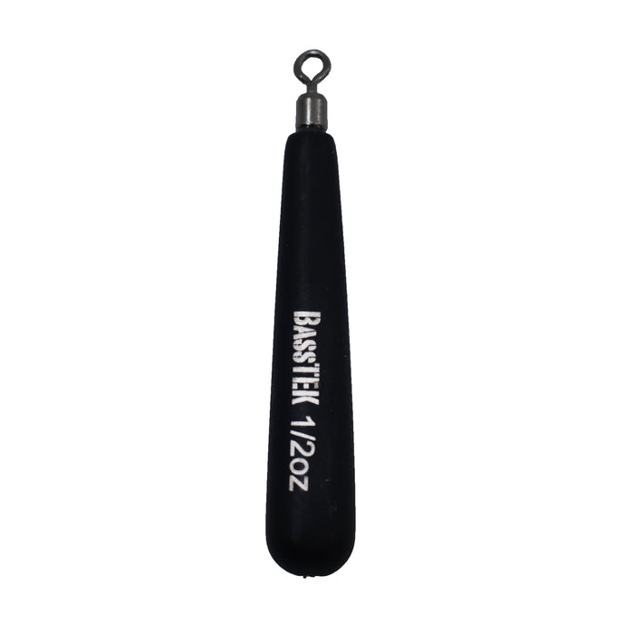 Black elongated fishing weight with a metal swivel at the top and white printed text reading BassTEK Tungsten Free Weight 1/2 oz, designed for fishing tackle use.