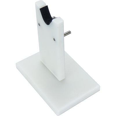 Batson Enterprises Vertical Stand for Hand Wrapper made of white durable plastic with a metal pin and black padded area, designed for securely holding fishing tackle wrapping tools.