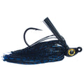 Beast Coast Hand-Tied Zero Flex Gorilla Swim Jig featuring a black and blue skirted fishing lure with a single sharp hook and lifelike yellow eye, designed for fishing tackle.
